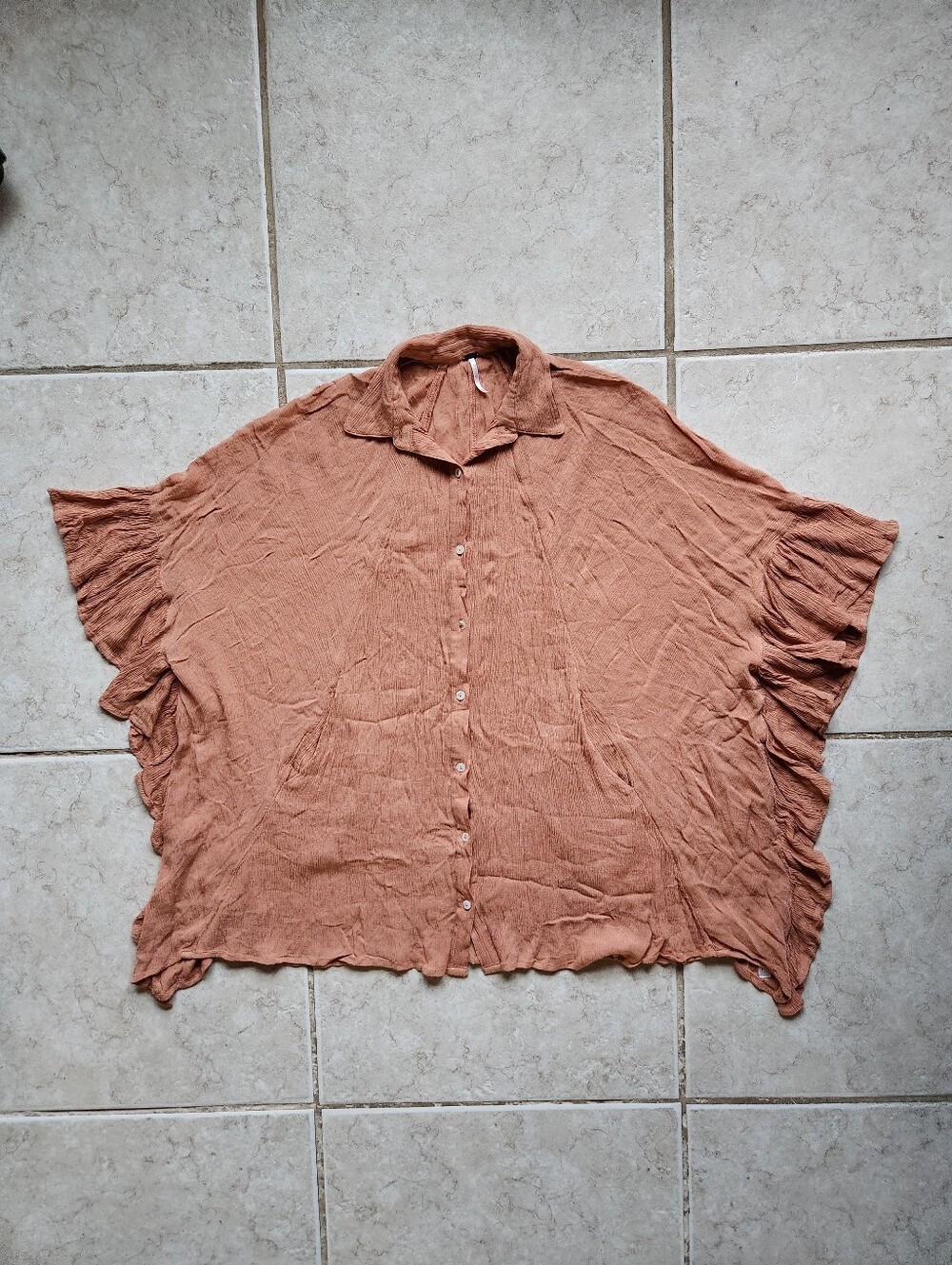 Free People Crinkle Gauze Ruffle Poncho Shirt Terracotta XS/S